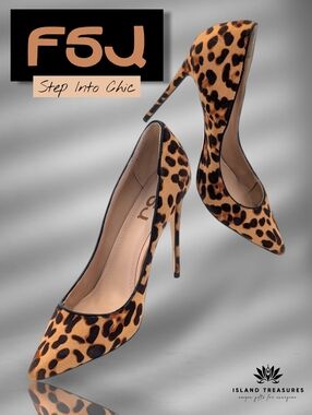 FSJ Women Size 11 Sculptured Leopard Print High Heel Stilettos Textile Uppers
